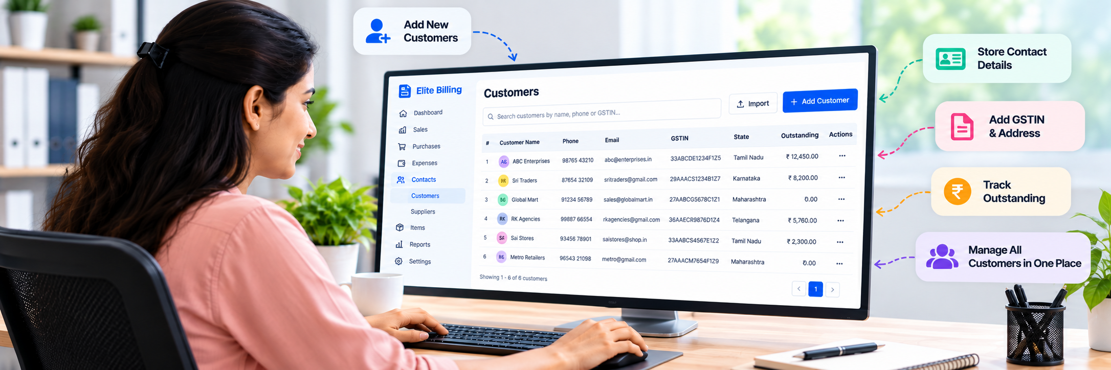 Modern Elite Billing customer management workspace